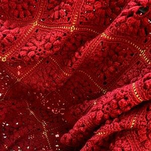 Blanket - Vintage style crochet - brick red color and gold.